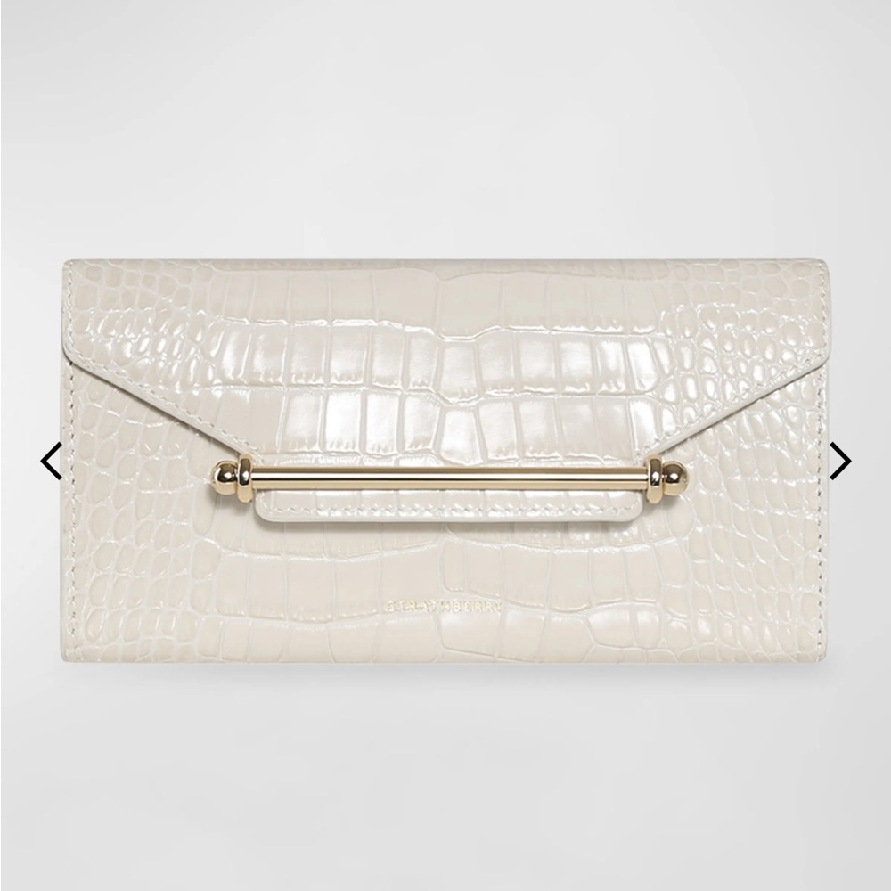 NWT and dustbag Strathberry Multrees croc embossed wallet on a chain ivory